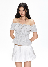 Striped waist cinched short sleeved shirt